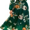 Women's Floral Boho Long Sleeve Maxi Dress V Neck Empire Waist Swing Flowy Wedding Guest Dress