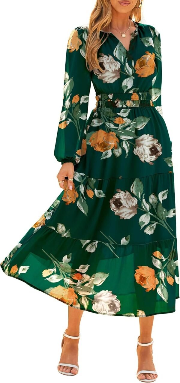 Women's Floral Boho Long Sleeve Maxi Dress V Neck Empire Waist Swing Flowy Wedding Guest Dress