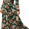 Women's Floral Boho Long Sleeve Maxi Dress V Neck Empire Waist Swing Flowy Wedding Guest Dress