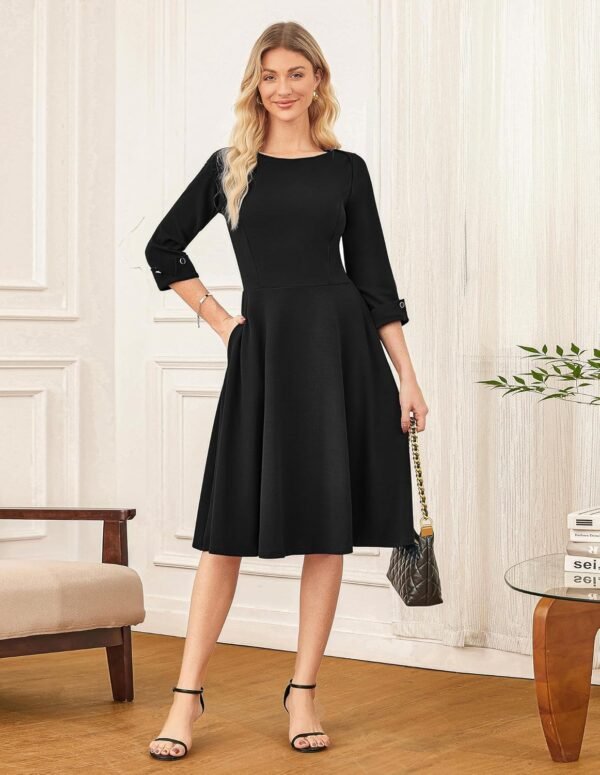 Work Dresses for Women 2025 3/4 Sleeve Fit and Flare Business Midi Dress Classy Office Dresses with Pockets