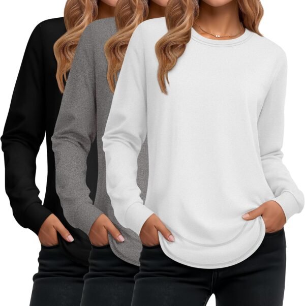 Women's Long Sleeve Shirts, Cotton Crew Neck Tunic Tops Casual Loose Fit Pullover Sweatshirts Curved Hem Shirts