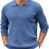 Mens Sweaters Polos Long Sleeve V Neck Knit Polo Lightweight Casual Pullover Sweater