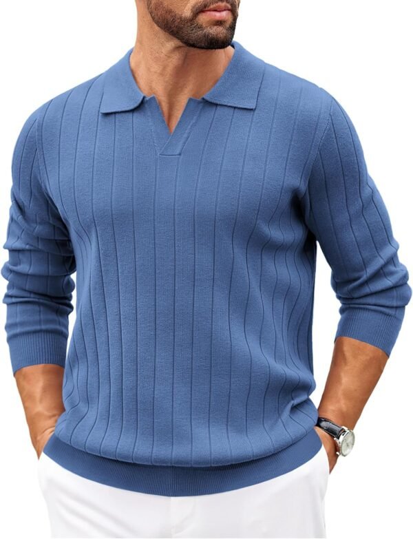 Mens Sweaters Polos Long Sleeve V Neck Knit Polo Lightweight Casual Pullover Sweater