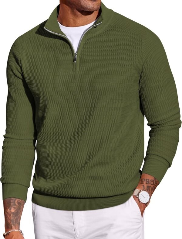 Men's Quarter Zip Sweater Slim Fit Lightweight Mock Neck Pullover Knit Texture Polo Sweaters