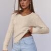 Womens Long Sleeve Cable Knit Sweater 2025 Fall Fashion V Neck Fitted Pullover Top Business Casual Work Fall Outfits