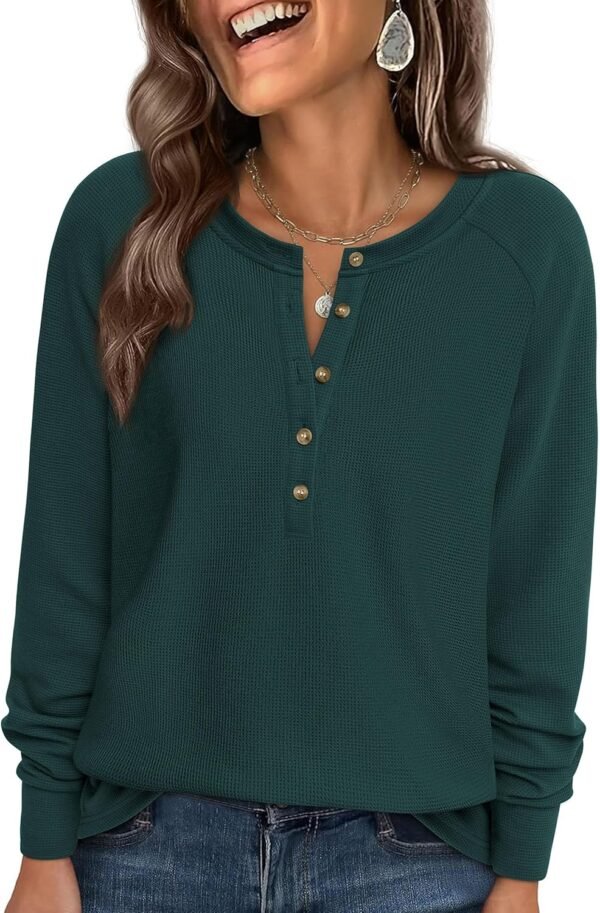 Women Long Sleeve Waffle Knit Shirts 2025 Fall Casual Button V Neck Loose Henley Tops Basic Tees Winter Clothes