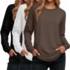 Women's Long Sleeve Shirts, Cotton Crew Neck Tunic Tops Casual Loose Fit Pullover Sweatshirts Curved Hem Shirts