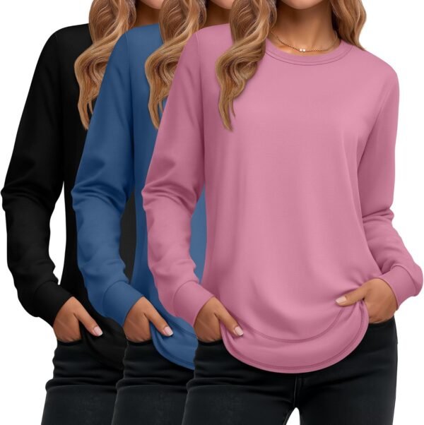 Women's Long Sleeve Shirts, Cotton Crew Neck Tunic Tops Casual Loose Fit Pullover Sweatshirts Curved Hem Shirts