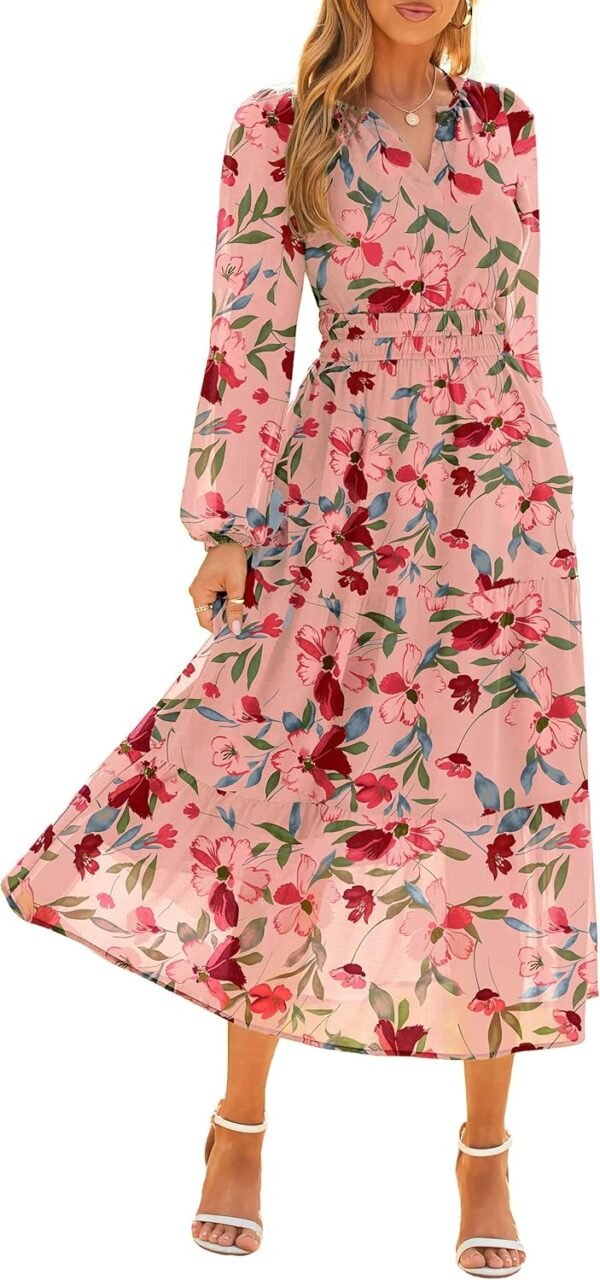 Women's Floral Boho Long Sleeve Maxi Dress V Neck Empire Waist Swing Flowy Wedding Guest Dress