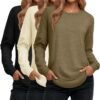 Women's Long Sleeve Shirts, Cotton Crew Neck Tunic Tops Casual Loose Fit Pullover Sweatshirts Curved Hem Shirts