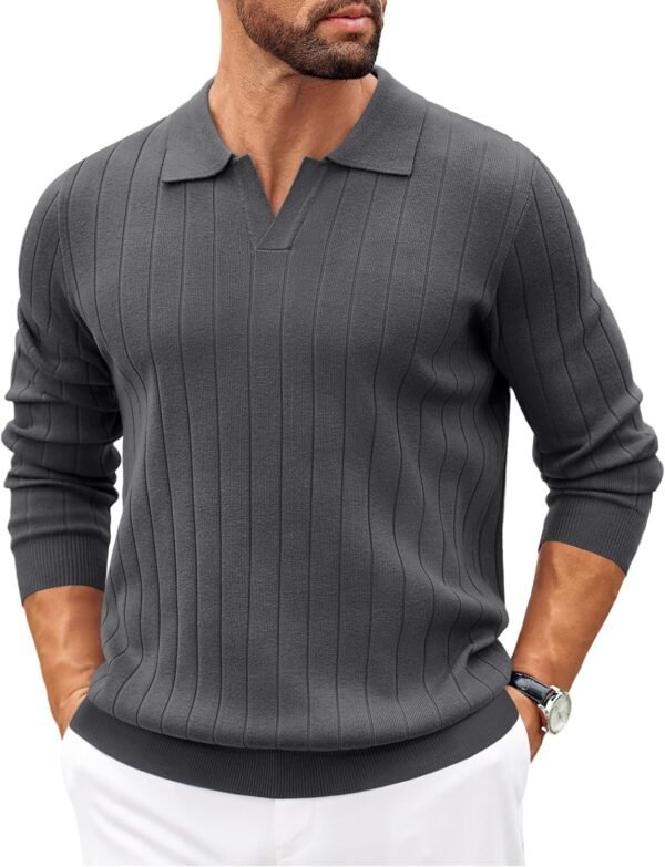 Mens Sweaters Polos Long Sleeve V Neck Knit Polo Lightweight Casual Pullover Sweater