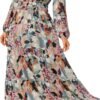 Women's Floral Boho Long Sleeve Maxi Dress V Neck Empire Waist Swing Flowy Wedding Guest Dress