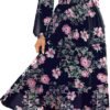 Women's Floral Boho Long Sleeve Maxi Dress V Neck Empire Waist Swing Flowy Wedding Guest Dress