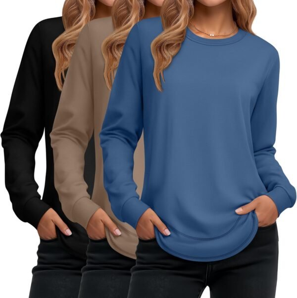 Women's Long Sleeve Shirts, Cotton Crew Neck Tunic Tops Casual Loose Fit Pullover Sweatshirts Curved Hem Shirts
