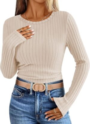 Long Sleeve Shirts for Women Ribbed Knit Tshirt Slim Fit Crewneck Basic Tee Top 2025 Fall Casual Work Trendy Clothes