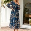 Women's Floral Boho Long Sleeve Maxi Dress V Neck Empire Waist Swing Flowy Wedding Guest Dress