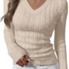Womens Long Sleeve Cable Knit Sweater 2025 Fall Fashion V Neck Fitted Pullover Top Business Casual Work Fall Outfits