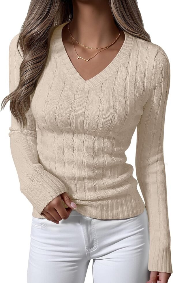 Womens Long Sleeve Cable Knit Sweater 2025 Fall Fashion V Neck Fitted Pullover Top Business Casual Work Fall Outfits
