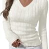 Womens Long Sleeve Cable Knit Sweater 2025 Fall Fashion V Neck Fitted Pullover Top Business Casual Work Fall Outfits
