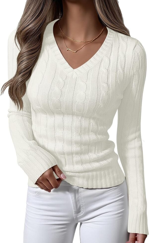 Womens Long Sleeve Cable Knit Sweater 2025 Fall Fashion V Neck Fitted Pullover Top Business Casual Work Fall Outfits