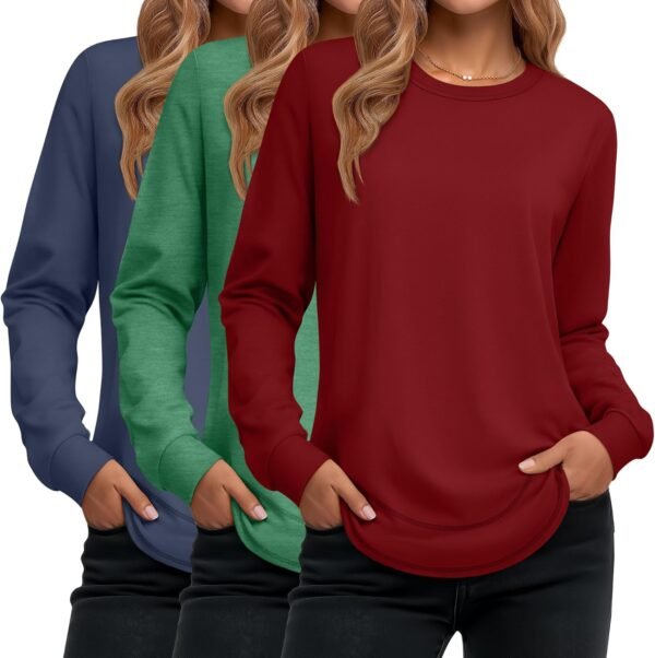 Women's Long Sleeve Shirts, Cotton Crew Neck Tunic Tops Casual Loose Fit Pullover Sweatshirts Curved Hem Shirts