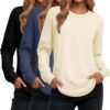 Women's Long Sleeve Shirts, Cotton Crew Neck Tunic Tops Casual Loose Fit Pullover Sweatshirts Curved Hem Shirts