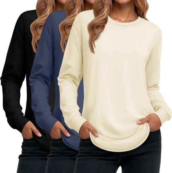 Women's Long Sleeve Shirts, Cotton Crew Neck Tunic Tops Casual Loose Fit Pullover Sweatshirts Curved Hem Shirts