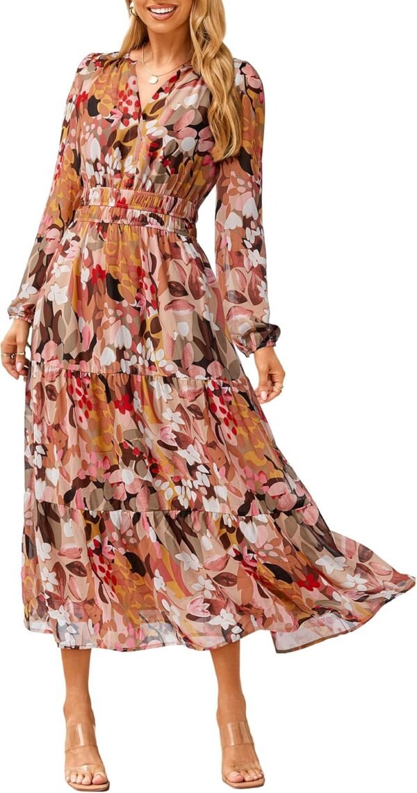 Women's Floral Boho Long Sleeve Maxi Dress V Neck Empire Waist Swing Flowy Wedding Guest Dress