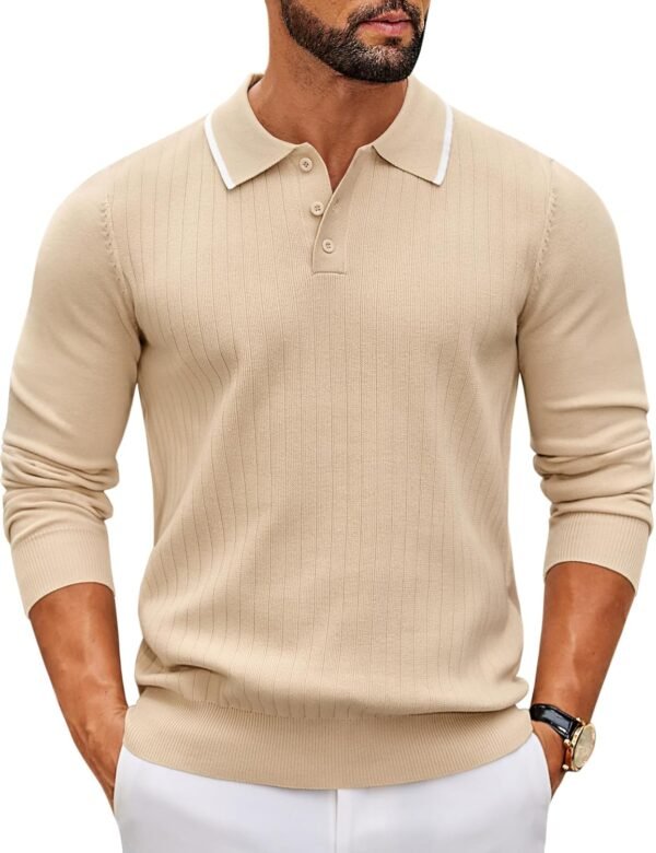 Men's Knit Polo Sweater Casual Long Sleeve Polo Sweater Lightweight Button Down Golf Pullover Sweaters