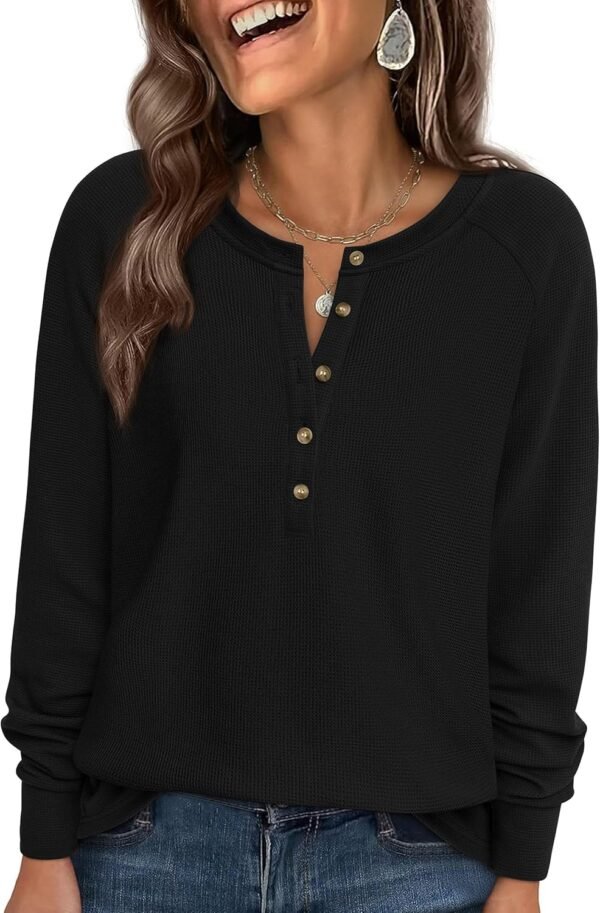 Women Long Sleeve Waffle Knit Shirts 2025 Fall Casual Button V Neck Loose Henley Tops Basic Tees Winter Clothes