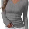 Womens Long Sleeve Cable Knit Sweater 2025 Fall Fashion V Neck Fitted Pullover Top Business Casual Work Fall Outfits