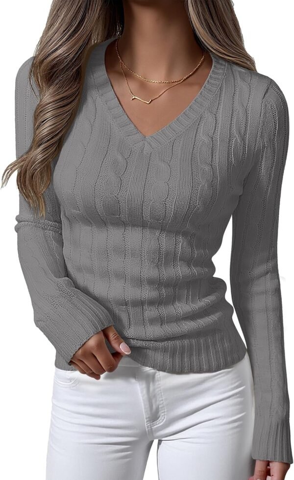 Womens Long Sleeve Cable Knit Sweater 2025 Fall Fashion V Neck Fitted Pullover Top Business Casual Work Fall Outfits