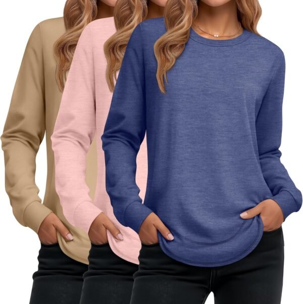 Women's Long Sleeve Shirts, Cotton Crew Neck Tunic Tops Casual Loose Fit Pullover Sweatshirts Curved Hem Shirts