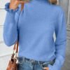 Womens Ruffle Mock Neck Sweater Puff Long Sleeve Fall Soft Knit Casual Pullover Sweaters Top