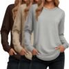 Women's Long Sleeve Shirts, Cotton Crew Neck Tunic Tops Casual Loose Fit Pullover Sweatshirts Curved Hem Shirts