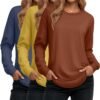 Women's Long Sleeve Shirts, Cotton Crew Neck Tunic Tops Casual Loose Fit Pullover Sweatshirts Curved Hem Shirts
