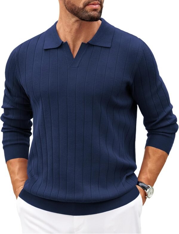 Mens Sweaters Polos Long Sleeve V Neck Knit Polo Lightweight Casual Pullover Sweater