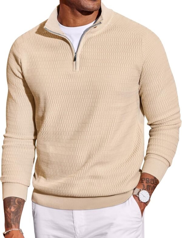 Men's Quarter Zip Sweater Slim Fit Lightweight Mock Neck Pullover Knit Texture Polo Sweaters