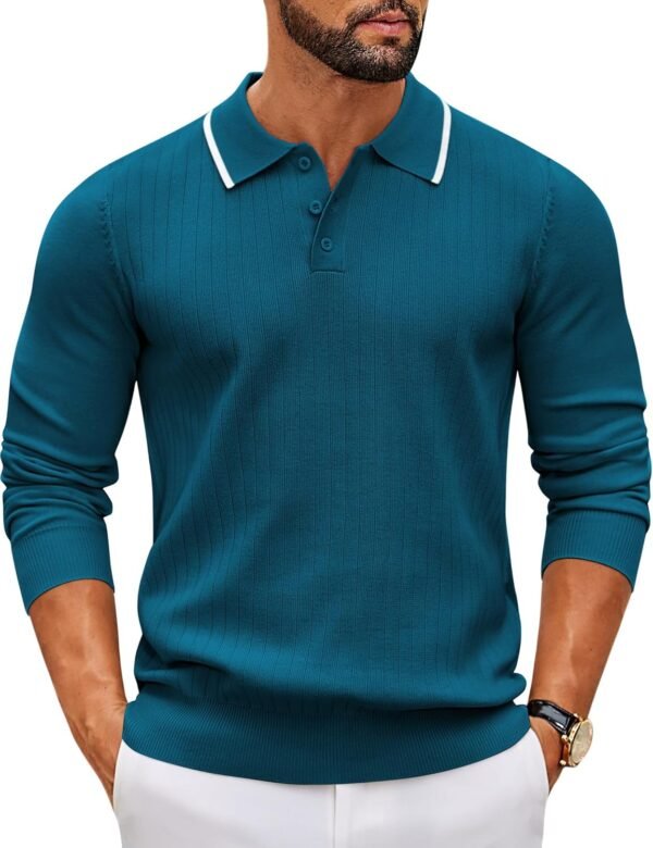 Men's Knit Polo Sweater Casual Long Sleeve Polo Sweater Lightweight Button Down Golf Pullover Sweaters
