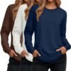 Women's Long Sleeve Shirts, Cotton Crew Neck Tunic Tops Casual Loose Fit Pullover Sweatshirts Curved Hem Shirts