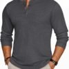 Mens Henley Long Sleeve Shirts Waffle T-Shirt Lightweight Thermal Undershirts S-XXL