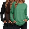Women's Long Sleeve Shirts, Cotton Crew Neck Tunic Tops Casual Loose Fit Pullover Sweatshirts Curved Hem Shirts