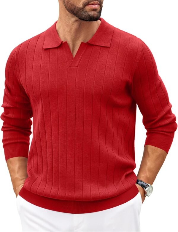 Mens Sweaters Polos Long Sleeve V Neck Knit Polo Lightweight Casual Pullover Sweater
