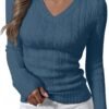 Womens Long Sleeve Cable Knit Sweater 2025 Fall Fashion V Neck Fitted Pullover Top Business Casual Work Fall Outfits