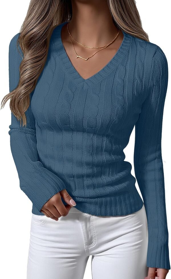 Womens Long Sleeve Cable Knit Sweater 2025 Fall Fashion V Neck Fitted Pullover Top Business Casual Work Fall Outfits