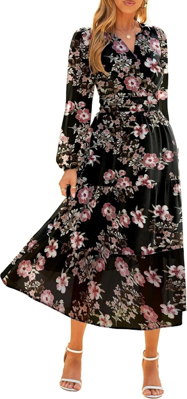 Women's Floral Boho Long Sleeve Maxi Dress V Neck Empire Waist Swing Flowy Wedding Guest Dress