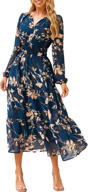 Women's Floral Boho Long Sleeve Maxi Dress V Neck Empire Waist Swing Flowy Wedding Guest Dress