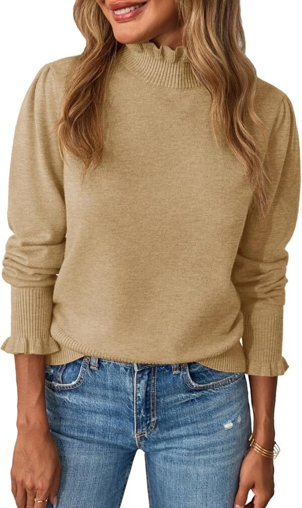 Womens Ruffle Mock Neck Sweater Puff Long Sleeve Fall Soft Knit Casual Pullover Sweaters Top