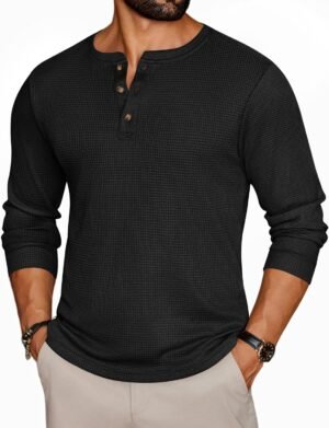 Mens Henley Long Sleeve Shirts Waffle T-Shirt Lightweight Thermal Undershirts S-XXL