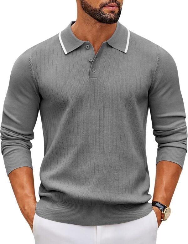Men's Knit Polo Sweater Casual Long Sleeve Polo Sweater Lightweight Button Down Golf Pullover Sweaters